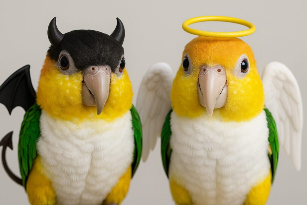 左側に黒い角と翼を持つ悪魔風シロハラインコ、右側に白い翼と天使の輪を持つ天使風シロハラインコが並んで立つ構図。